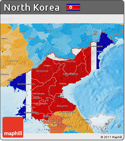 Flag 3D Map of North Korea, political outside, flag aligned to the middle