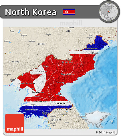 Flag 3D Map of North Korea, shaded relief outside, bathymetry sea, flag centered