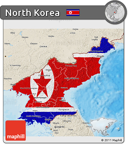 Flag 3D Map of North Korea, shaded relief outside, bathymetry sea