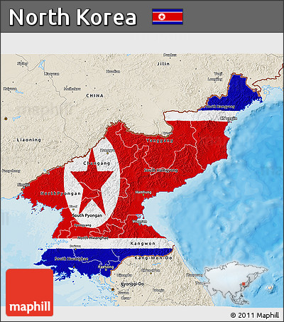 Flag 3D Map of North Korea, shaded relief outside, bathymetry sea