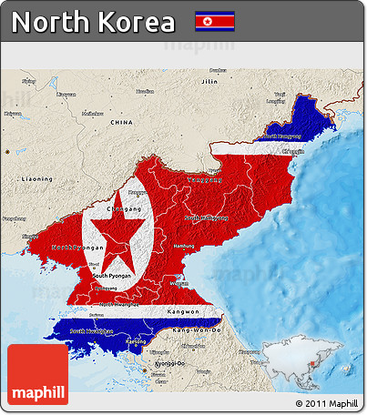 Flag 3D Map of North Korea, shaded relief outside, bathymetry sea