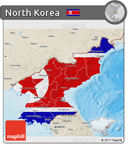 Flag 3D Map of North Korea, shaded relief outside, flag centered