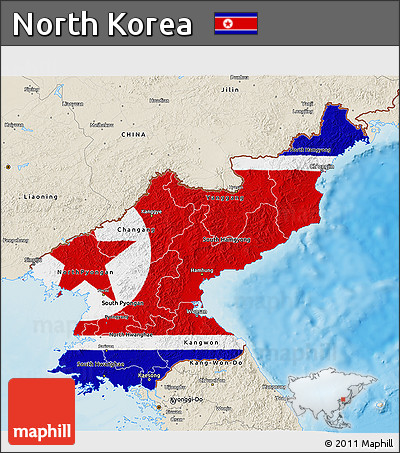 Flag 3D Map of North Korea, shaded relief outside, flag centered