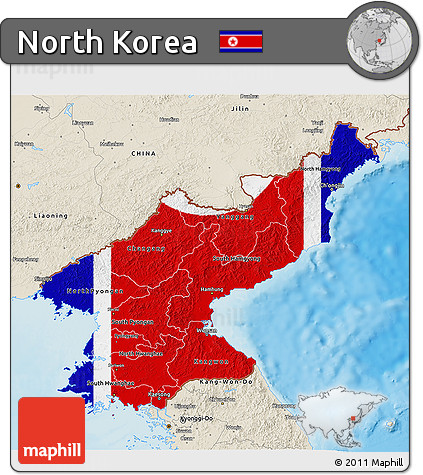 Flag 3D Map of North Korea, shaded relief outside, flag aligned to the middle