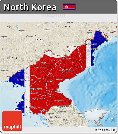 Flag 3D Map of North Korea, shaded relief outside, flag aligned to the middle
