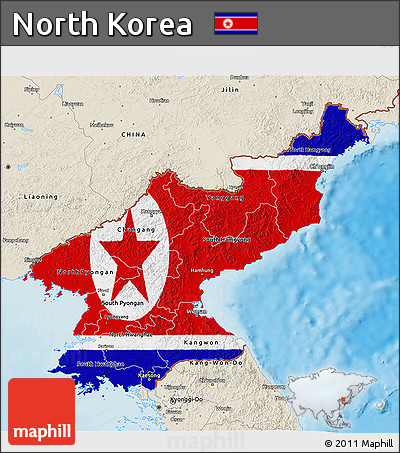 Flag 3D Map of North Korea, shaded relief outside