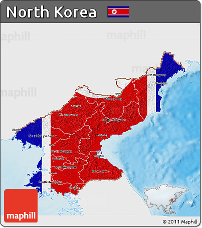 Flag 3D Map of North Korea, single color outside, shaded relief sea, flag aligned to the middle
