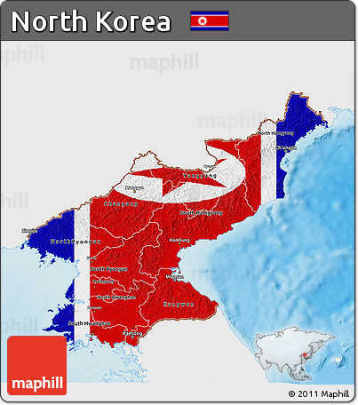 Flag 3D Map of North Korea, single color outside, shaded relief sea, flag rotated