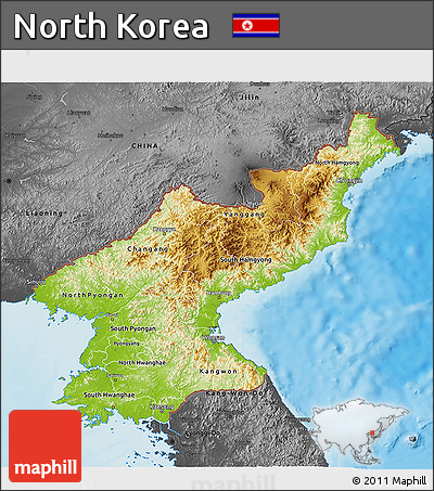 Physical 3D Map of North Korea, darken, desaturated, land only