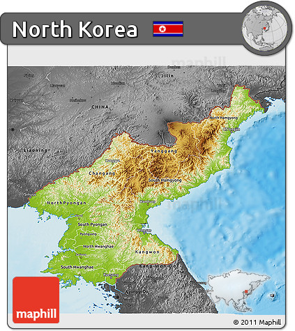 Physical 3D Map of North Korea, darken, desaturated, land only