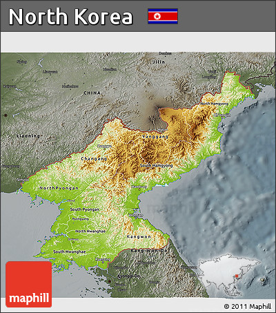 Physical 3D Map of North Korea, darken, semi-desaturated
