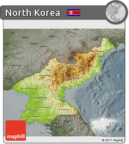 Physical 3D Map of North Korea, darken, semi-desaturated