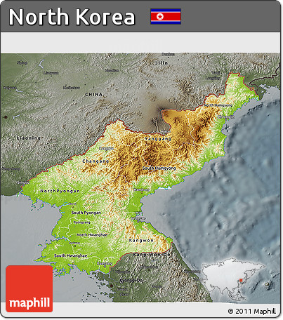 Physical 3D Map of North Korea, darken, semi-desaturated