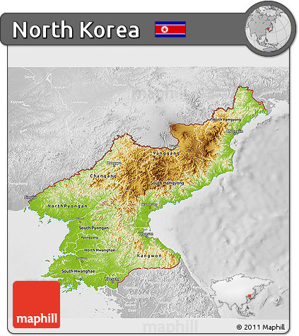 Physical 3D Map of North Korea, lighten, desaturated