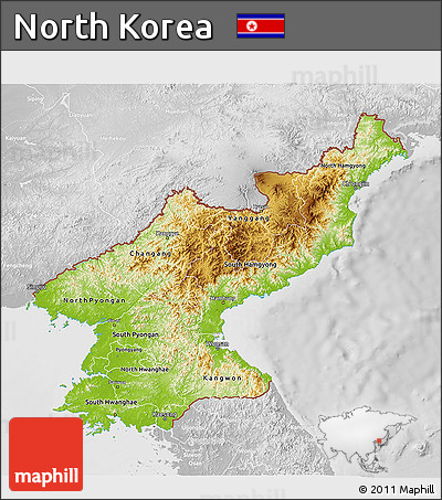Physical 3D Map of North Korea, lighten, desaturated