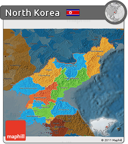 Political 3D Map of North Korea, darken