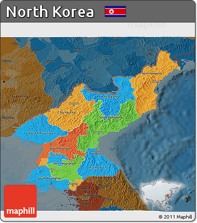 Political 3D Map of North Korea, darken