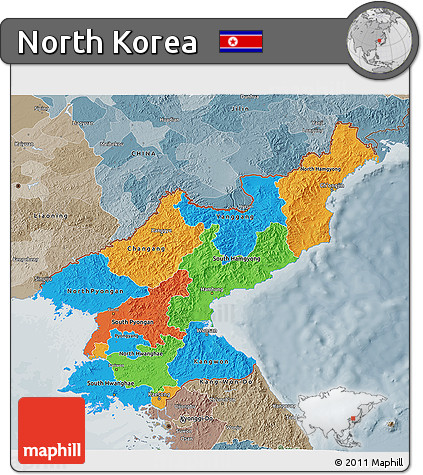 Political 3D Map of North Korea, semi-desaturated