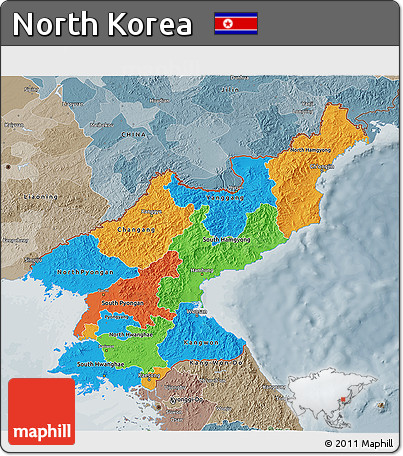 Political 3D Map of North Korea, semi-desaturated
