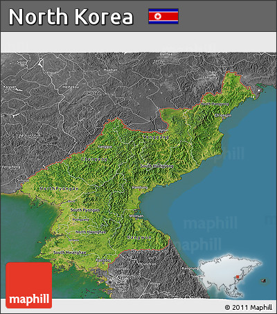 Satellite 3D Map of North Korea, desaturated, land only