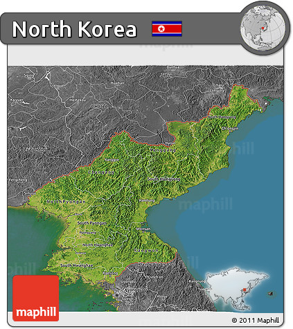 Satellite 3D Map of North Korea, desaturated, land only