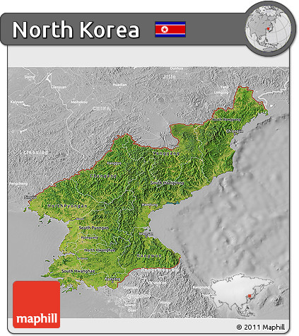 Satellite 3D Map of North Korea, lighten, desaturated