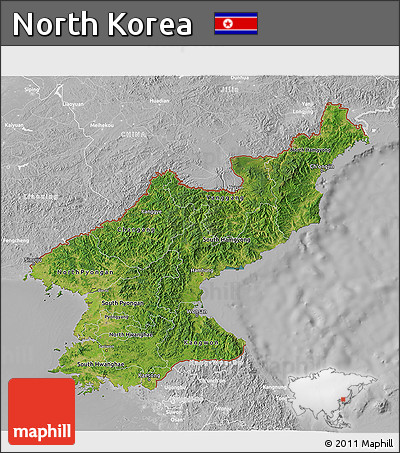 Satellite 3D Map of North Korea, lighten, desaturated