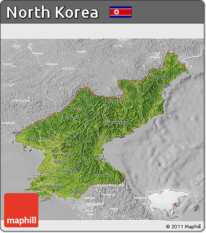 Satellite 3D Map of North Korea, lighten, desaturated