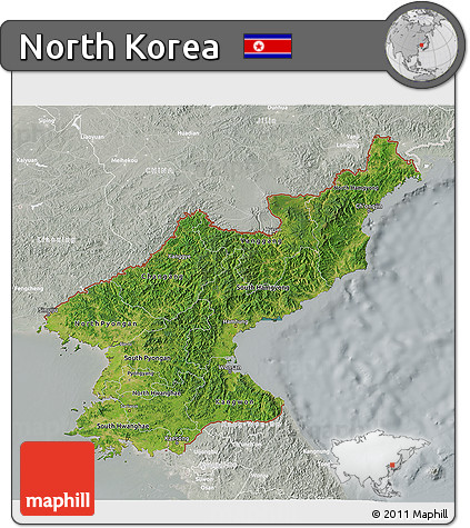 Satellite 3D Map of North Korea, lighten, semi-desaturated