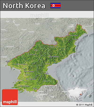 Satellite 3D Map of North Korea, lighten, semi-desaturated