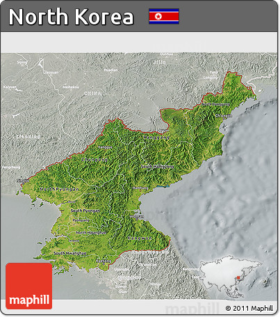 Satellite 3D Map of North Korea, lighten, semi-desaturated