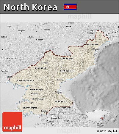 Shaded Relief 3D Map of North Korea, desaturated