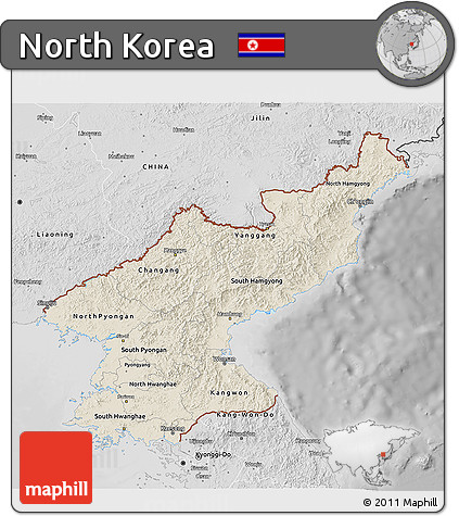 Shaded Relief 3D Map of North Korea, desaturated