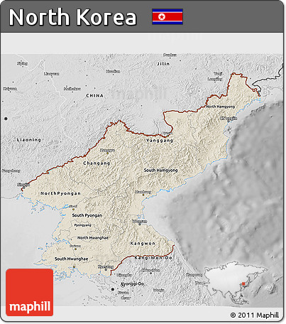 Shaded Relief 3D Map of North Korea, desaturated