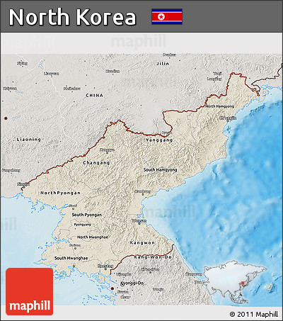 Shaded Relief 3D Map of North Korea, semi-desaturated, land only