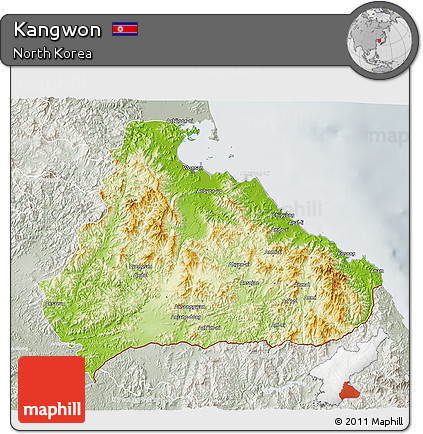 Physical 3D Map of Kangwon, lighten, semi-desaturated