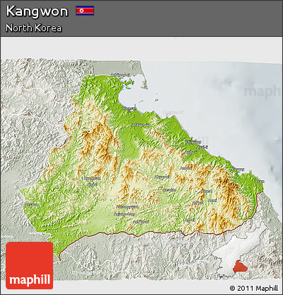 Physical 3D Map of Kangwon, lighten, semi-desaturated