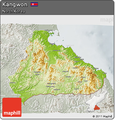 Physical 3D Map of Kangwon, lighten, semi-desaturated