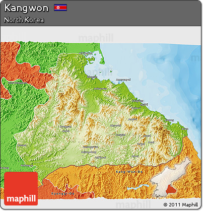 Physical 3D Map of Kangwon, political outside