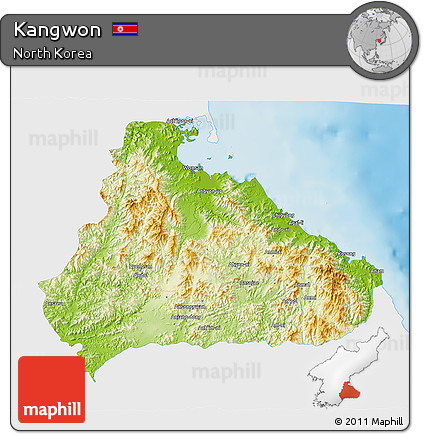 Physical 3D Map of Kangwon, single color outside