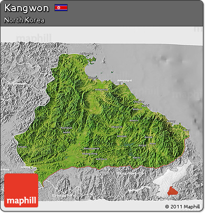 Satellite 3D Map of Kangwon, lighten, desaturated