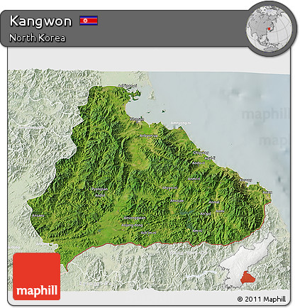 Satellite 3D Map of Kangwon, lighten