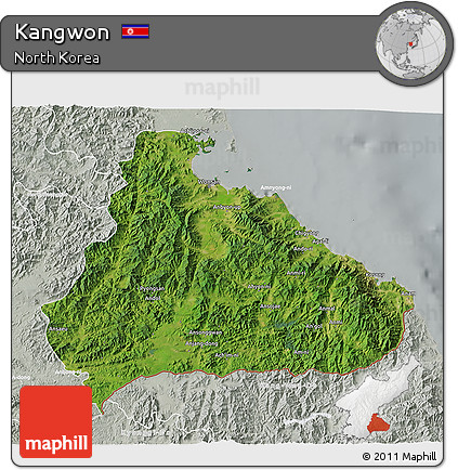 Satellite 3D Map of Kangwon, lighten, semi-desaturated