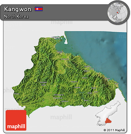 Satellite 3D Map of Kangwon, single color outside