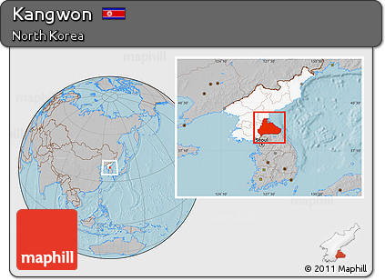 Gray Location Map of Kangwon, highlighted country, hill shading