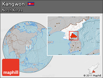 Gray Location Map of Kangwon, highlighted country, hill shading