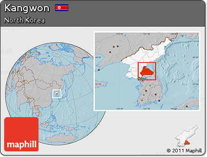 Gray Location Map of Kangwon, highlighted country, hill shading