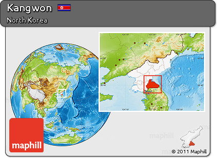 Physical Location Map of Kangwon, highlighted country, within the entire country