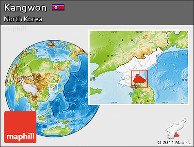 Physical Location Map of Kangwon, highlighted country, within the entire country