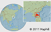 Savanna Style Location Map of Kangwon, within the entire country, hill shading